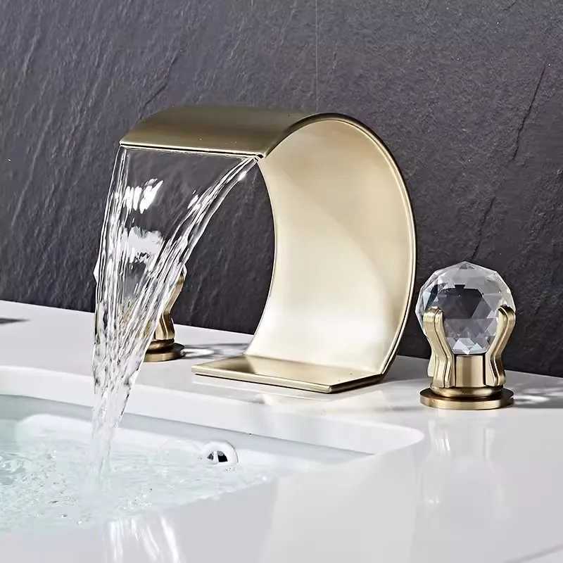 Brushed Gold Crystal Bathroom Faucet Brass Black Basin Faucet Sink Faucets 3 Hole Hot And Cold Waterfall Faucet Water Tap M251129-image-1086590092
