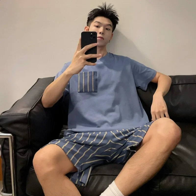 High quality cotton plus size mens sleepwear set Oneck young student home clothes simple solid letter striped sleepwear lounge 250427Z
