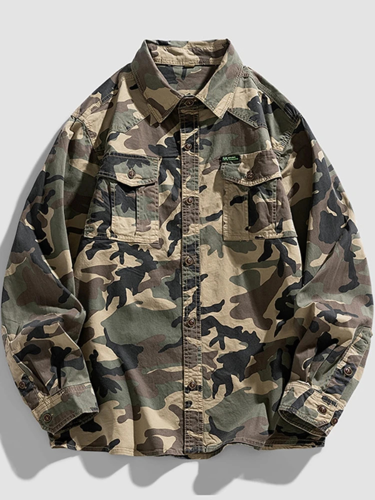 2024 95 pure cotton mens shirt camouflage long sleeved shoulder button pocket denim loose casual work 250420Z