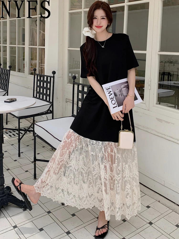 NYFS plus Size Womens Lave Patchwork Dress Summer 2025 Loose Long Dresses Robe Elbise Short Sleeve Korean Style Floral Hem 251129