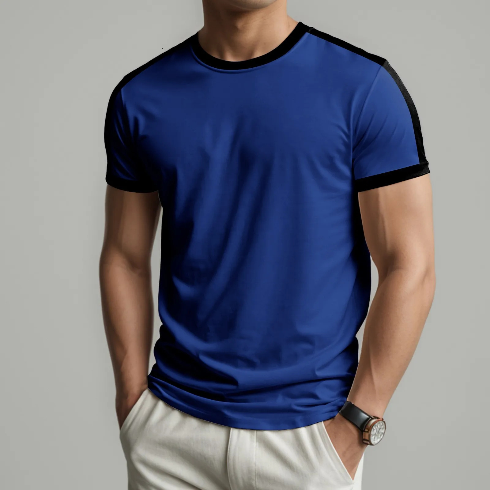 Summer mens casual top fashionable color scheme work short sleeved sports fitness T-shirt cotton comfortable breathable sports shirt 250427BJ