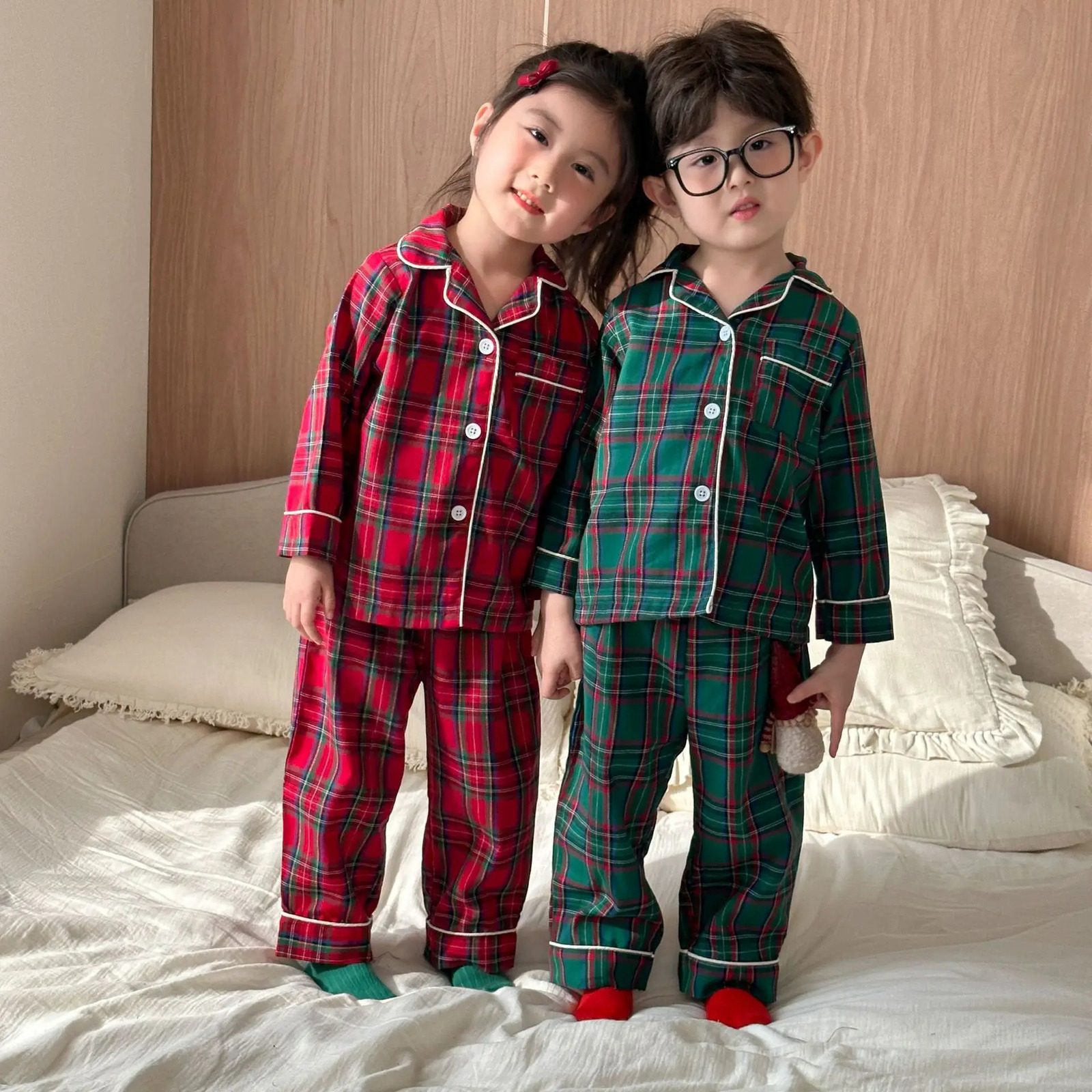 Kids Years Clothes Christmas Cotton Pajamas Childrens Soft Sleepwear Plaid Clothing Set Button 2 Pcs Suit Xmas Look H251208-image-1087662563