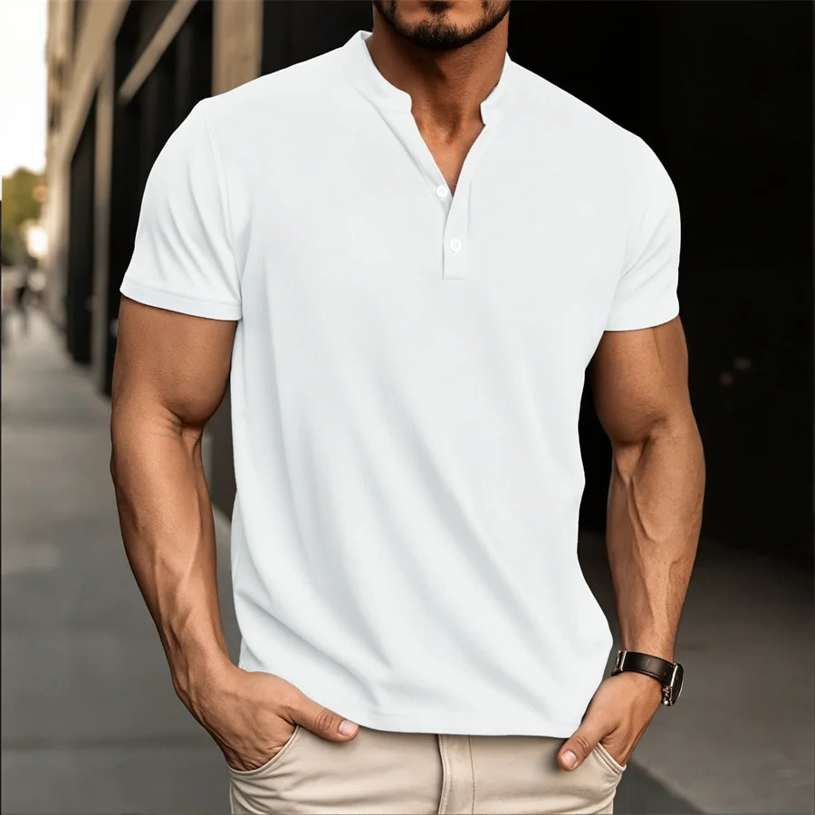 Summer Solid Color Stripe Henley Mens Summer Casual Fashion Comfortable Breathable T-shirt Top 250427BJ