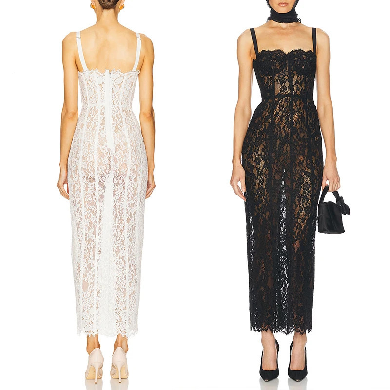 Black Lace Patwork Sleeveless Maxi Dress for Women 2025 Summer Sexy Bodycon Party Dresses Fashion Celebrity Club Wear 251129