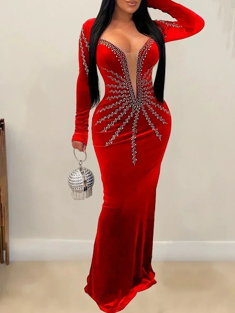 2025 Elegant Diamonds Velvet Long Party Dress for Women Sexy Deep V Evening Gown Formal Black Slim Robe 251129