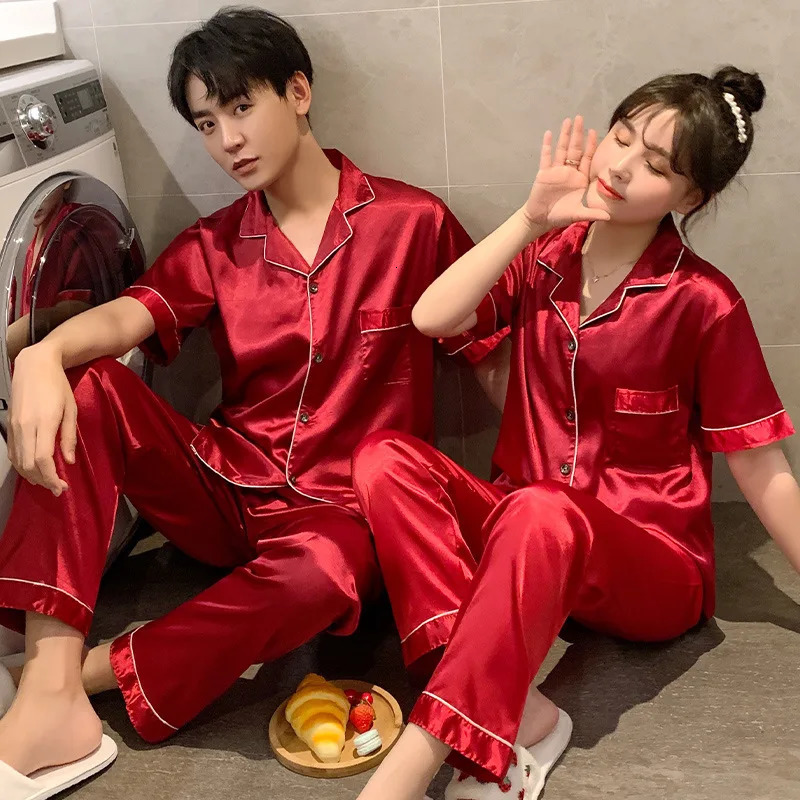 Spring Silk satin sleepwear couple set summer short sleeved button down sleepwear womens solid color casual wear plus size Pj set 250427Z