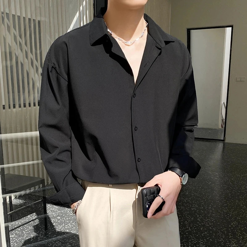 Autumn mens long sleeved solid color Korean style business casual fashion loose iron free elastic lapel 250420Z