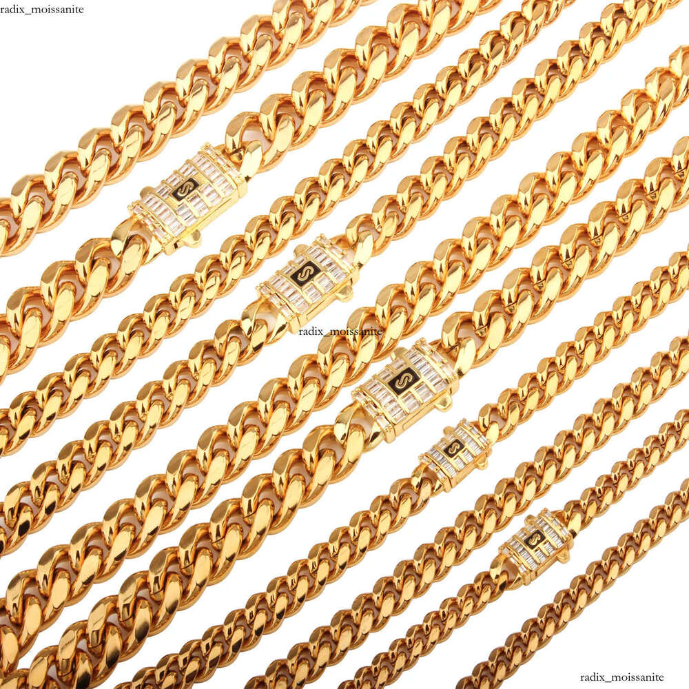6mm-14mm Hip Hop Stainless Steel Miami Cuban Link Chain 18K Real Gold Plated T Zircon Clasp Mens Necklace Jewelry 19