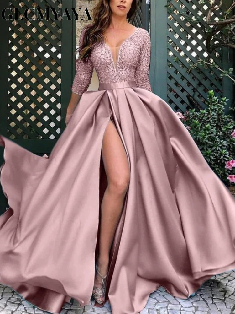 GLCMYAYA Abito da donna slim con cuciture in pizzo e spacco manica lunga con scollo a V a vita alta festa elegante autunno sexy 251129
