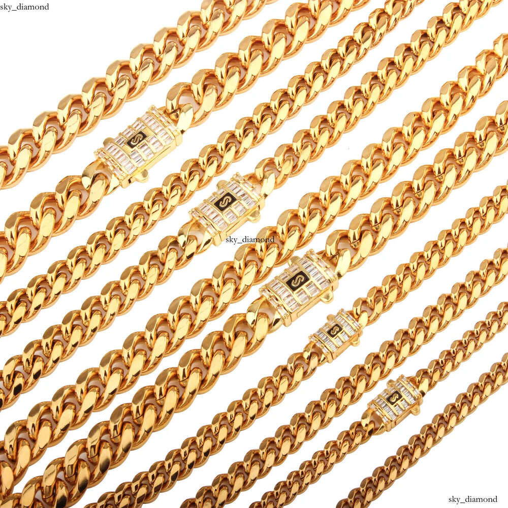 6mm-14mm Hip Hop Stainless Steel Miami Cuban Link Chain 18K Real Gold Plated T Zircon Clasp Mens Necklace Jewelry 54