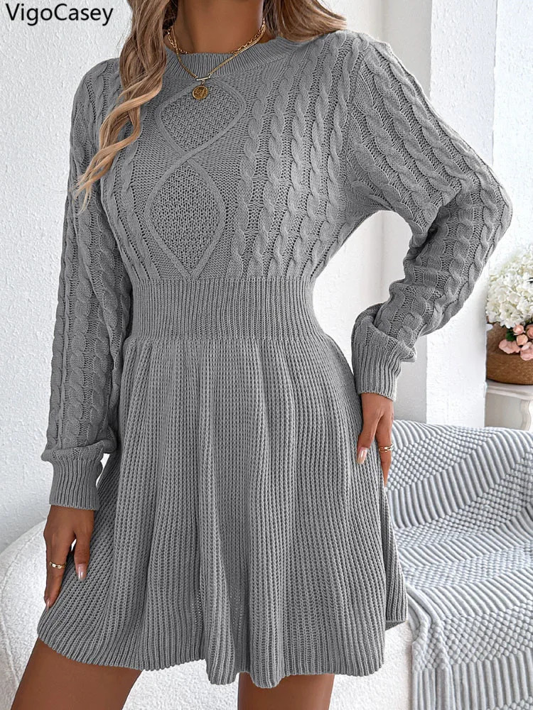 VigoCasey 2025 Grey O Neck Casual Knit Dres Solid Long Sleeve Short Dress Autumn Winter Lady Bodycon Knitted Dresses 251129