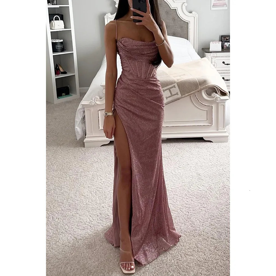 BWQ Elegant Gentle Light Blue Long Evening Prom Dres Sexy Sequins High Slits Spaghetti Straps Dress Graduation Gowns 251129
