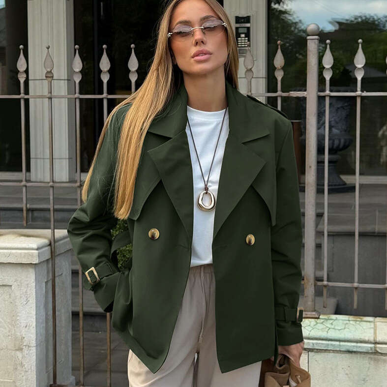 American Retro Barn Style Double Breasted Trench Coat For Women High End Feel Waist Tie Versatile Commuter Jacket Luxury Designer