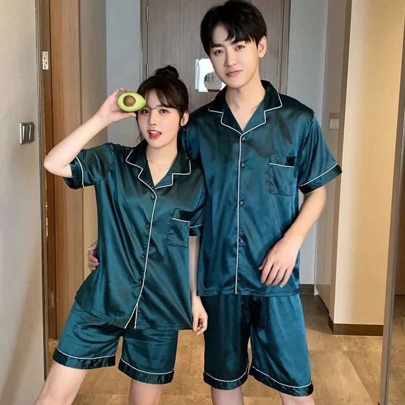 Summer pajama set for couples solid color cardigan short sleeved pajama casual mens pajama silk plus size casual and casual 250427Z
