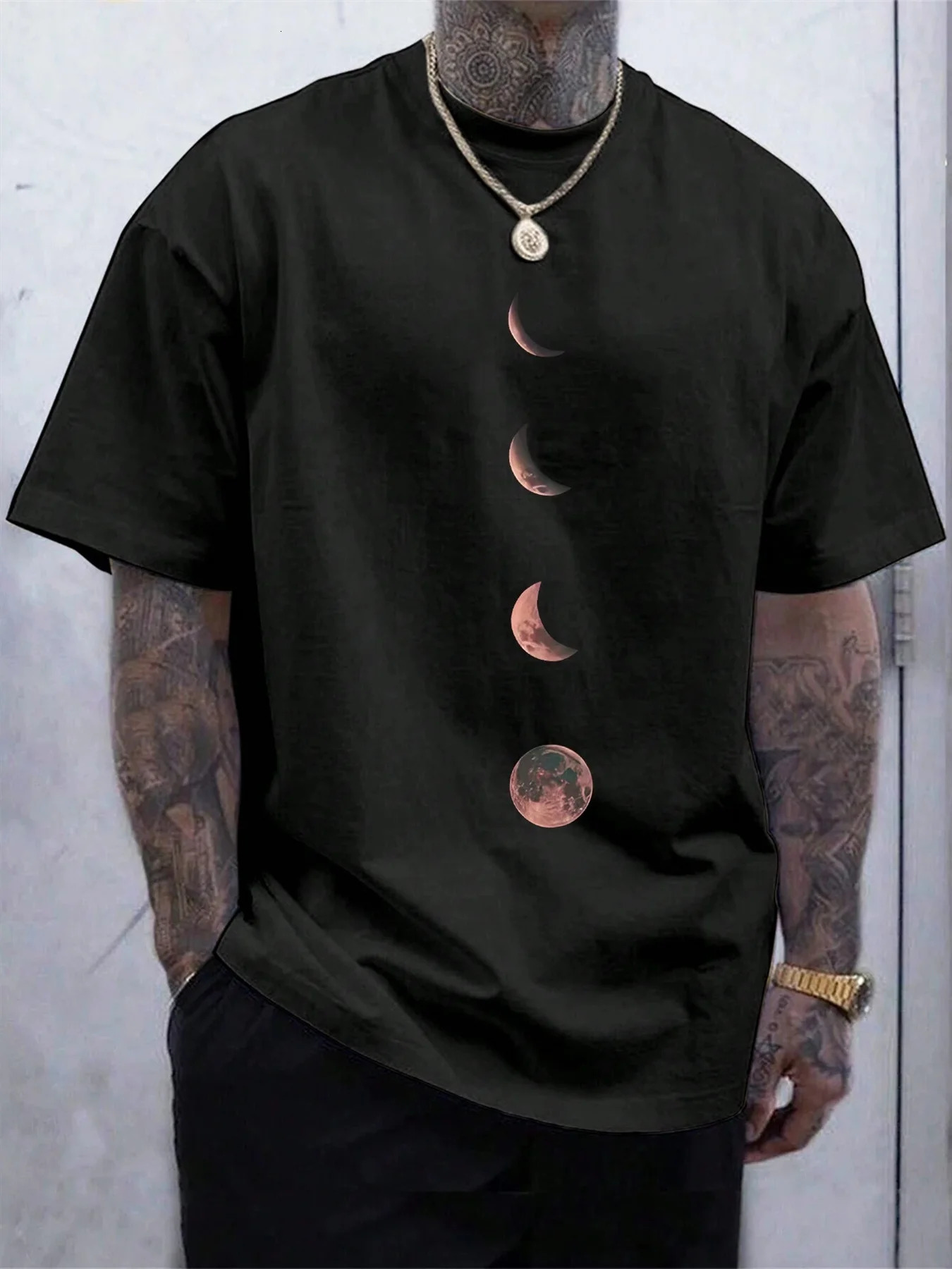Summer Mens 100% Cotton Casual Loose Size Moon Pattern Printed Sports Comfortable Round Neck Short Sleeve T-shirt Top 250427BJ