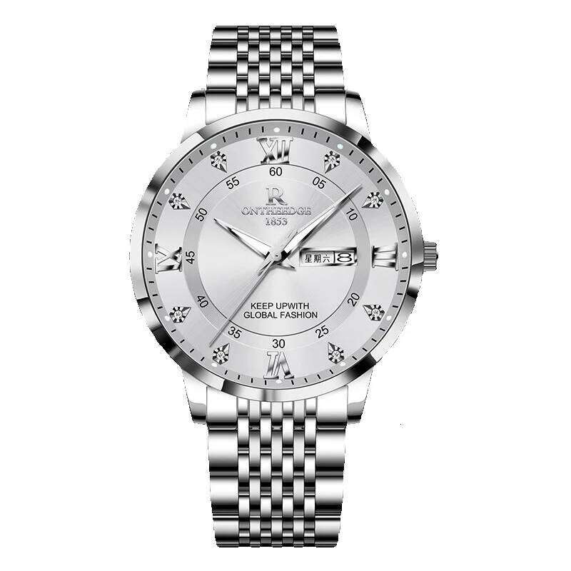 Luxury Silver Steel Men Quartz Watch Crystal Index Day Date Display Thin Case Waterproof Wedding Party Dress Analog Wrist Watch