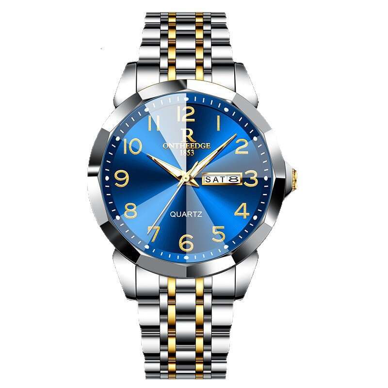 Fashion Business Mens Quartz Watch Two-tone Metal Bracelet Dual Day Date Luminous White Dial Waterproof Casual Daily Male Gift Clock