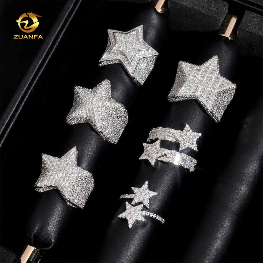 Hot Sale Instock Iced out Star Moissanite Diamond rings 925 silver Hip hop Ring Pass diamond tester Fashion men cuban ring f7