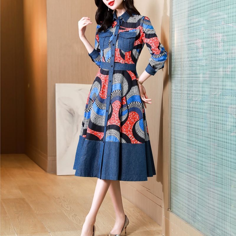 2025 grande taille femmes nouvelle robe à manches longues mode rétro mode jupe mi-longue D02292