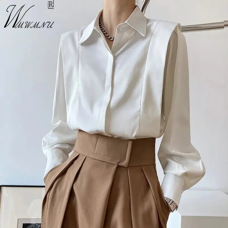 Chic Ruffles Blouses Women OL Fashion Black White Shirt Office Lady Polo Collar Blusas Long Sleeve Spring Tops 250122