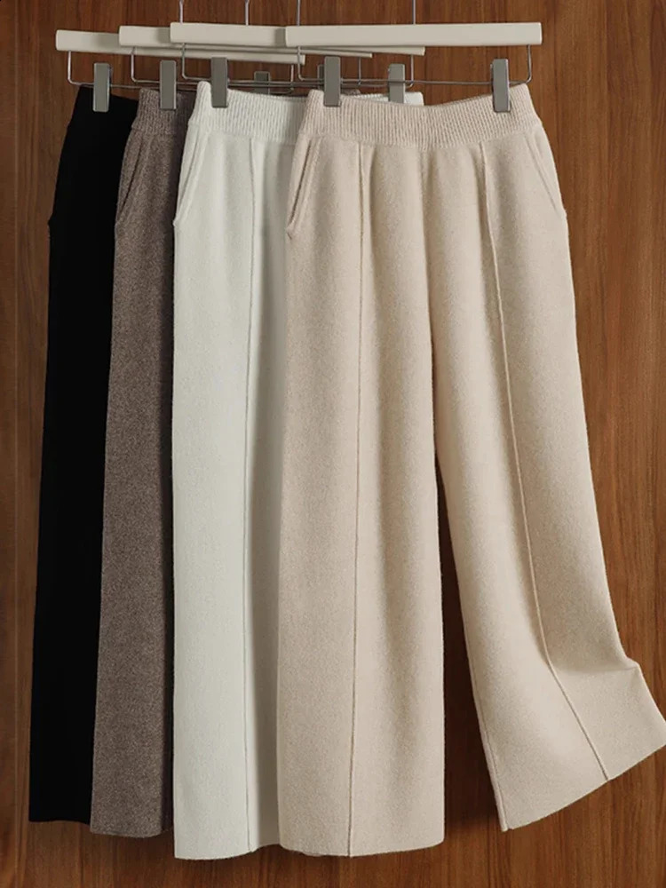 Womens Simple Solid Color Cashmere Knitted High Waist Pants Autumn Korean Fashion Casual Women Loose Wide Leg 250107Z