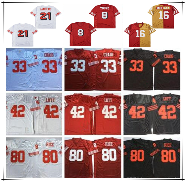 Men Throwback American Football Jersey 16 Joe Montana 21 Deion Sanders 80 Jerry Rice 8 Steve Young 33 Roger Craig 42 Ronnie Lott 87 Dwight Clark
