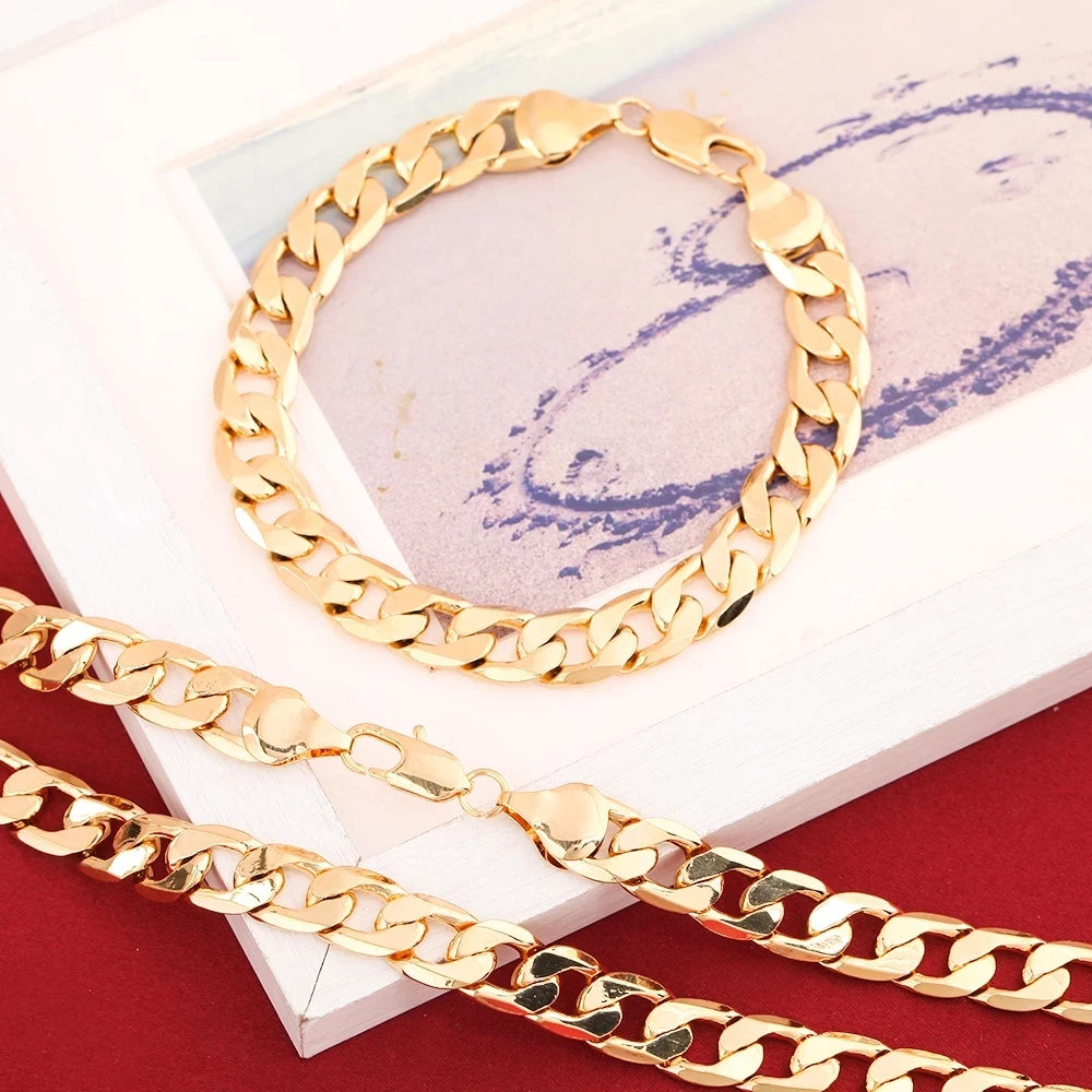 New 925 Sterling Silver 18K Gold Color 6MM Chain Bracelet Neckalce for Women Men Wedding Jewelry Set Valentine's Day Gifts