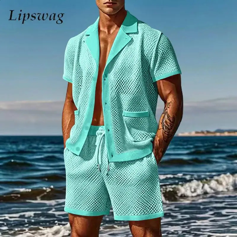 Seaside Beach Sexy Two Piece Sets Mens Fashion Hollow Out Breathable Mesh Shirts And Shorts Suits Men Daily Leisure Outfits 250120Z