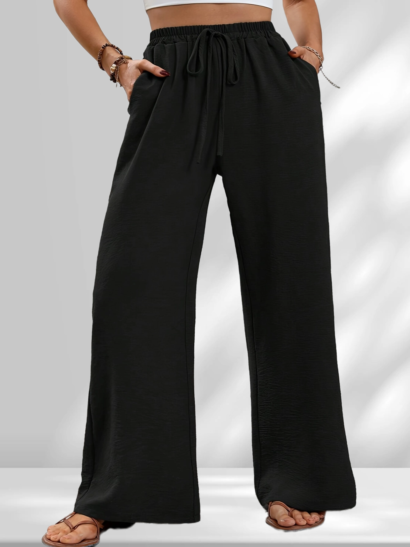 Plus size women's fashionable solid color casual wide leg pants loose and personalized clothing casual printing