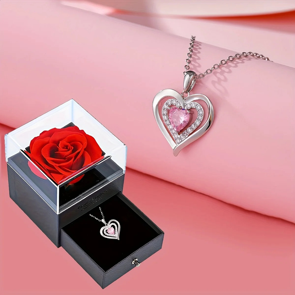 Pink Zircon Pendant Necklace With Rose Gift Box Fashion Jewelry For Women Wife Mom Girlfriend Wedding Gifts 250117