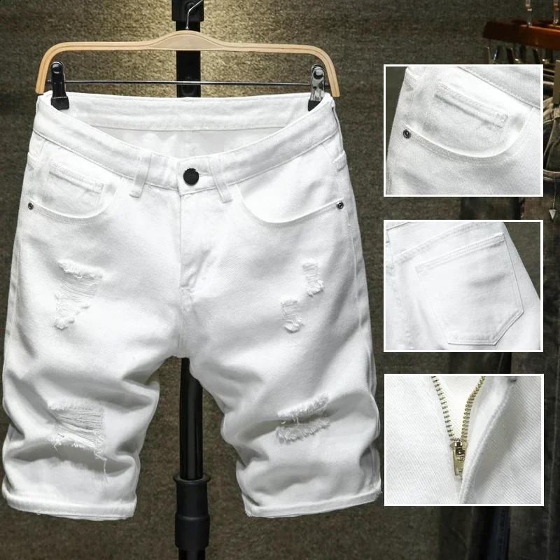 2024 White Denim Shorts Men Ripped Knee Length Fashion Jeans Casual Hole Slim Male Short Pants Streetwear 250116