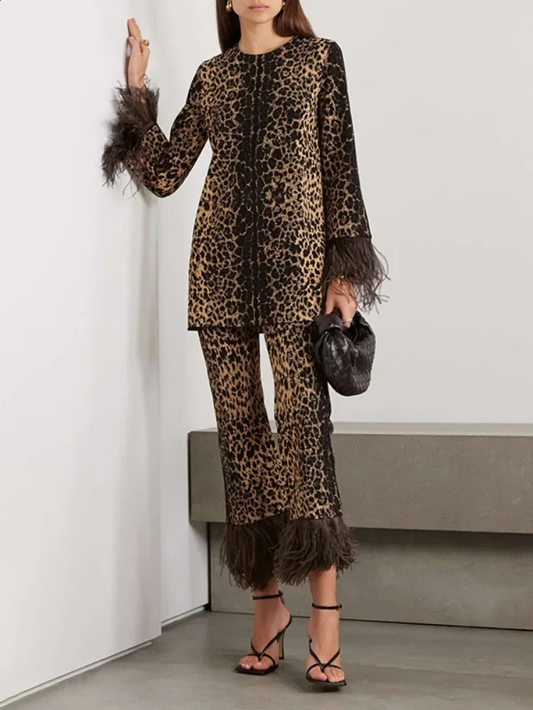 Onecozyday 2024 Womens Fashion Leopard Printed Round Neck Long Sleeves Shirt Top High Wasit Pants Feathers High Street Outfits 250113