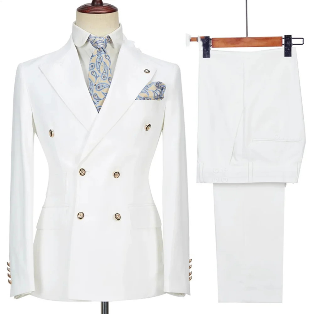 2024 Costume Homme White Double Breasted Business Suits For Men Groom Tuxedos Wedding Terno Masculino Slim Fit 2PCSBlazerPant 250121Z