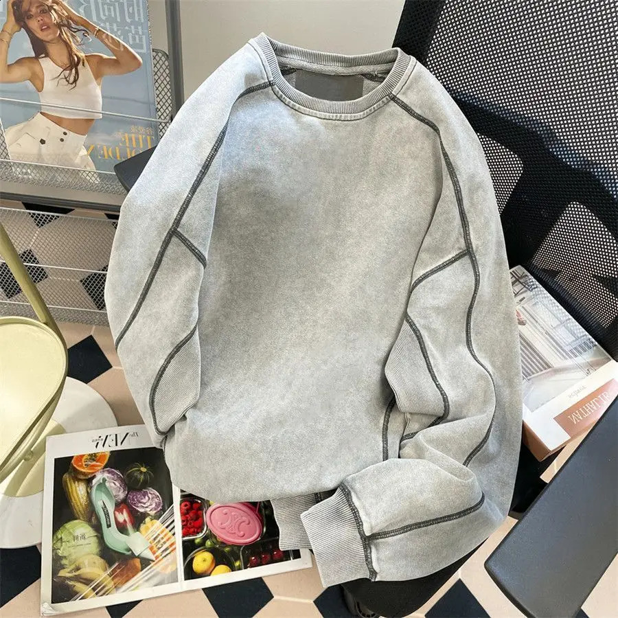 Heavy sweatshirt mens spring and autumn jacket round neck loose youth American topstitching sense of clothing y2k tops 250113