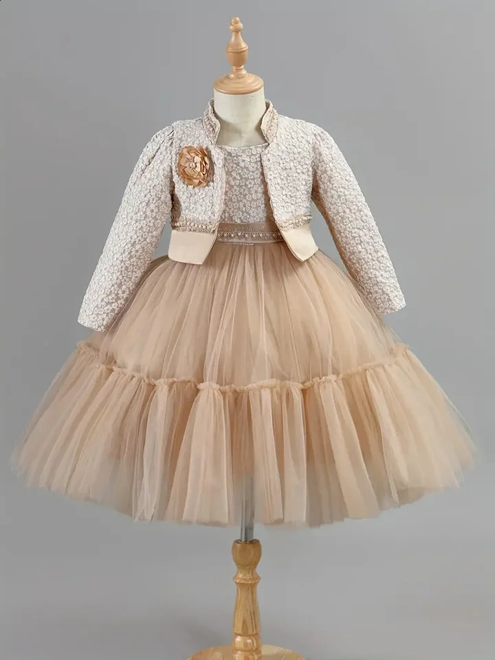 Girls Dress Set Spring Autumn Khaki Lotus Lace Fashion Children Clothes Cute Princess Dresses and Coat Outfits 28 Year 250117