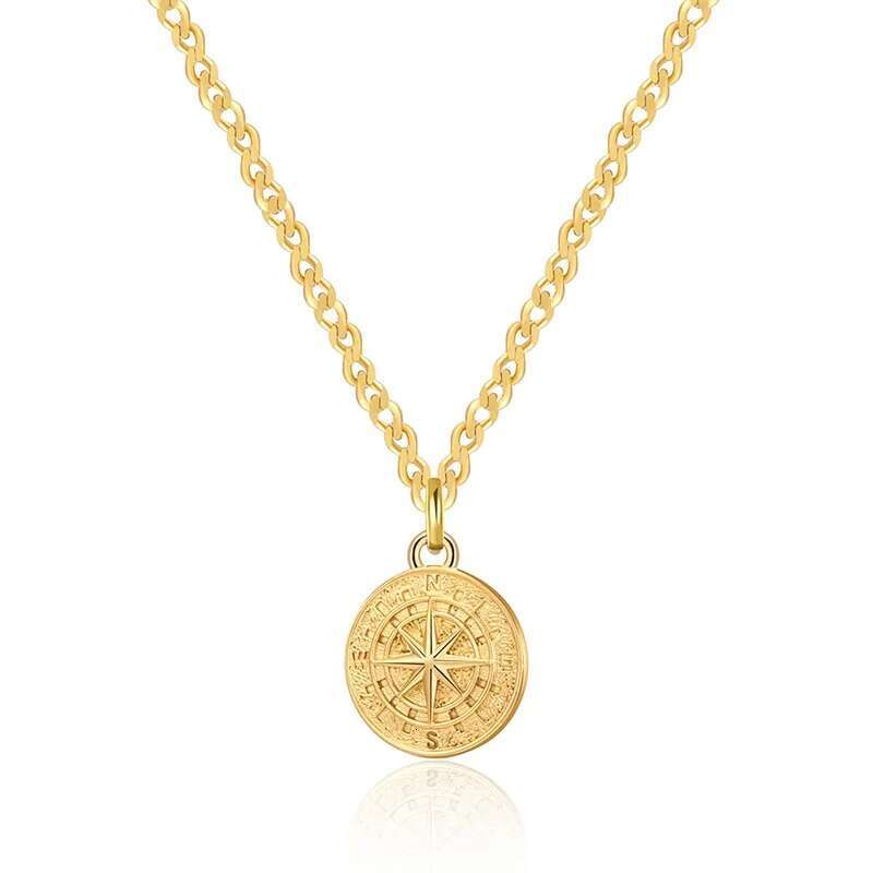 Boussole Vintage femmes et hommes étanche en acier inoxydable pièce ronde rock punk collier neutre chaînes cadeaux pour bijoux pendentif colliers