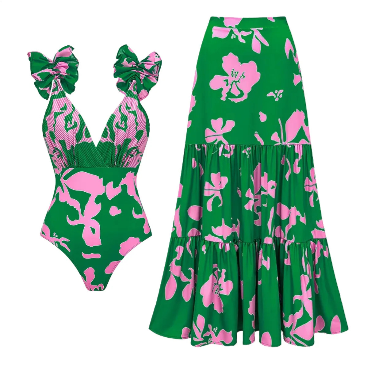 Maillot de bain imprimé avec couverture pour femmes, maillot de bain floral, Sexy, taille haute, bikini, manches bouffantes, body, vêtements de p