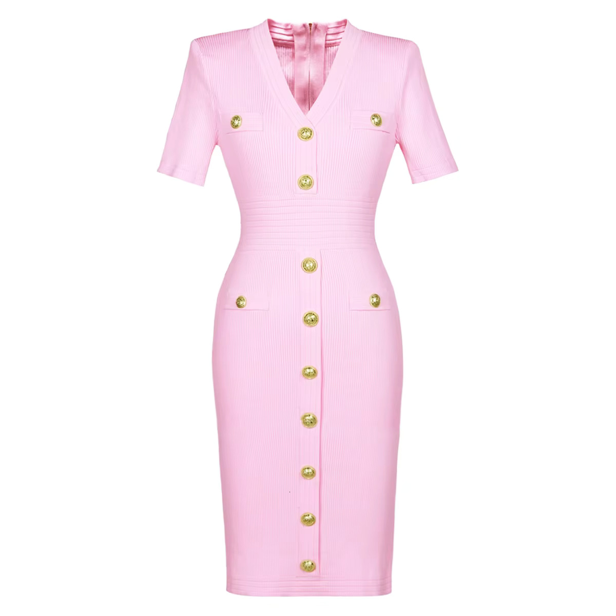 Spring/Summer New Fashion Knitted Elastic Short Sleeve Solid Color Gold Button Slimming Style Womens Dress