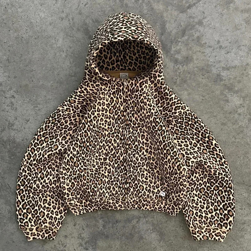 Leopard Print Plus Velvet Hooded Sweater American Retro 90s Lined with Plush Warm Zipper Shirt Oversized Unisex Clothing Winter 250113
