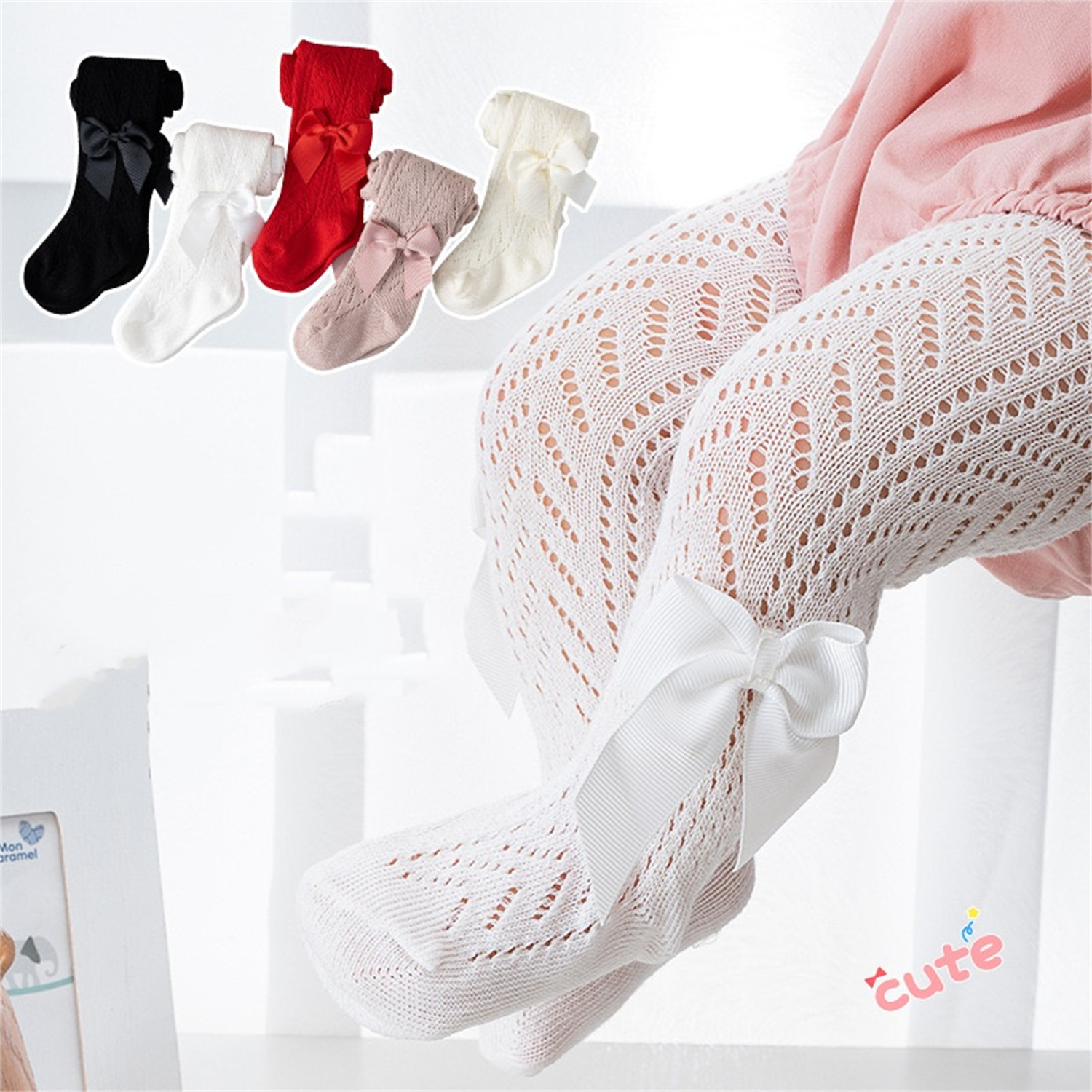 887541 Baby girls leggings cotton spring/summer thin hollow bow-image-1043630583