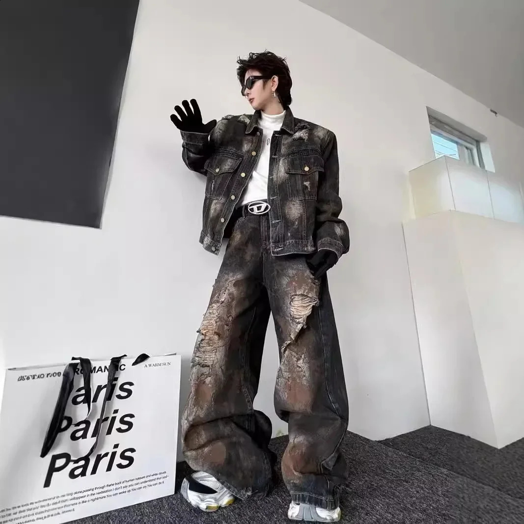 Vintage Straight-Leg Denim Jacket Mens Trendy ed Streetwear Loose-Fit Jeans Set American Style High-Street Fashion 250122