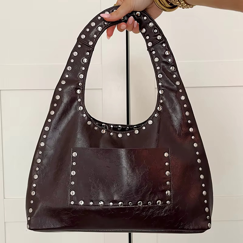 Retro Rivet Underarm gimaguas Shoulder BagWasteland Style Metal Stud Motorcycle BagOil Wax Leather Women Handbag Brown Side Tote Bags 482 X2503261