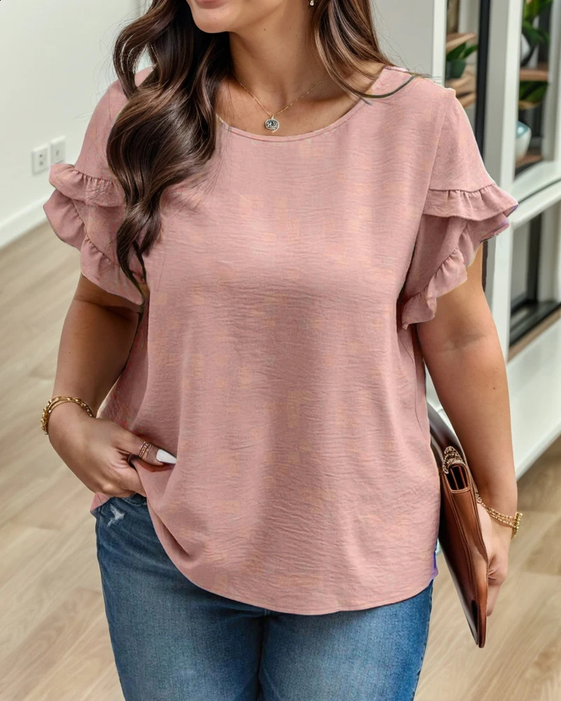 Plus Size European and American Cross Border Womens Solid Color Casual Round Neck Chiffon Tshirt 250121Z