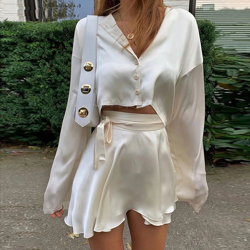 White Elegant Satin 2 Piece Set Women Fashion Lantern Long Sleeve Crop Tops Cardigan Sexy High Waist Mini Tennis Sport Skirts 250113