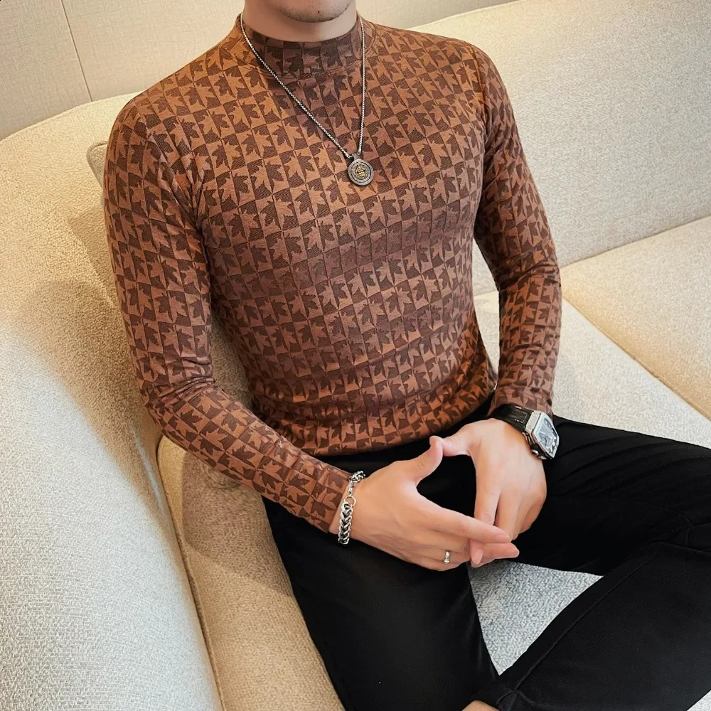 Men Half High Collar Printed Tshirt 2024 Autumn Solid Casual Elastic Slim Fit Jacquard Long Sleeves T Shirt Clothing 250107Z