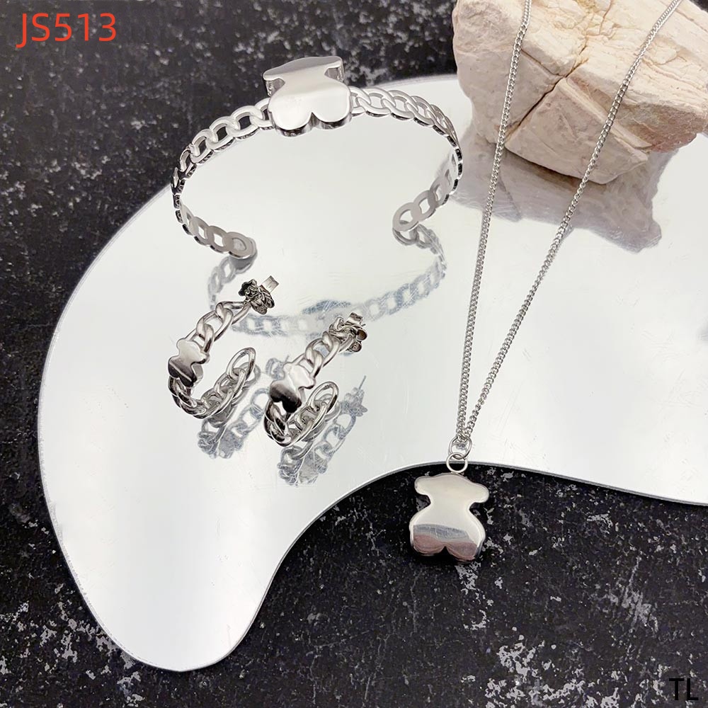 New Fashion Women Silver Gold Stainless Steel Bear Circle Pendant Bangle Bracelet Earrings Hollow Sets Jewelry-image-1043680091