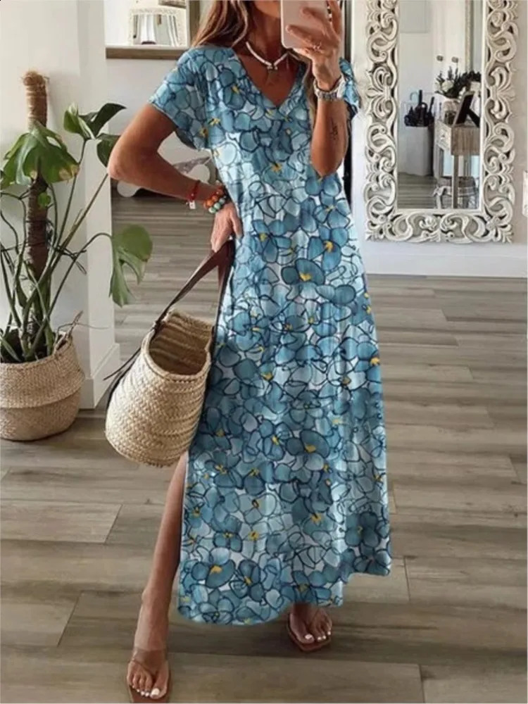 2024 Vintage Floral Elegant Maxi Dress For Women Summer Fashion V Neck Short Sleeve Split Boho Long Party Beach Dresses 250121