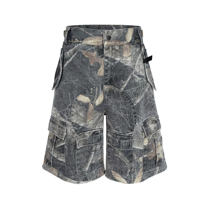 Vintage Washed Tree Branch Camouflage Five Quarter Pants for Men Summer Straight Patchwork Baggy Shorts Oversized Streetwear
