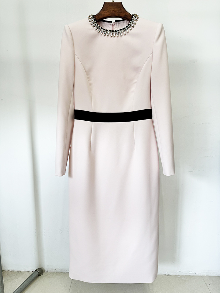 2025 Pink Crew Neck Long Sleeves Women Dress Designer Milan Runway Beads Crystals Plus Size Party Prom Dress 202601