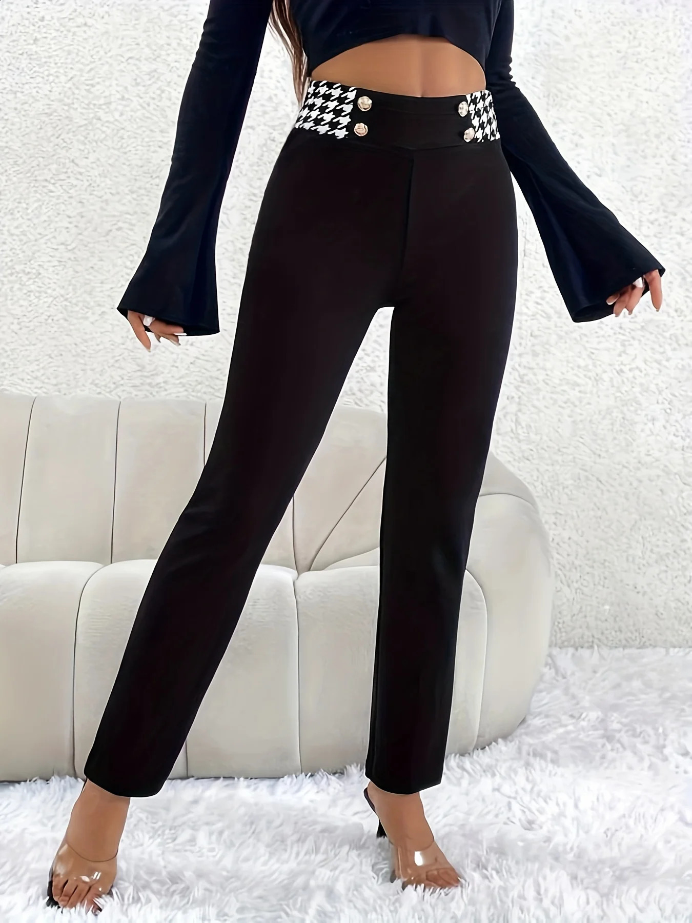 Womens Slim High Waisted Button Length Pants Elegant Women Summer Houndstooth Print Waist Skinny Fallow 250107Z